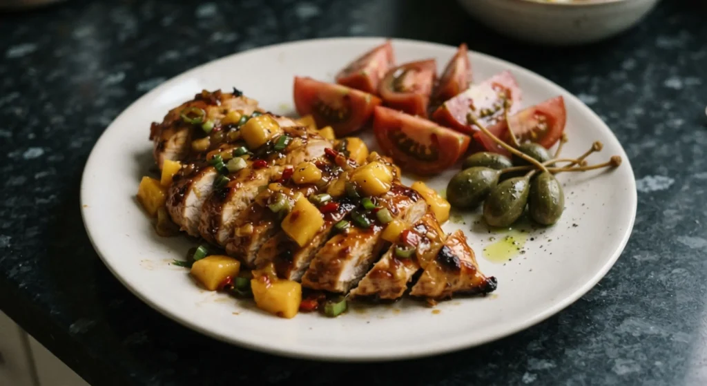Campervan mango chilli chicken with Moruno tomatoes and caperones on a white plate, black speckled granite worktop