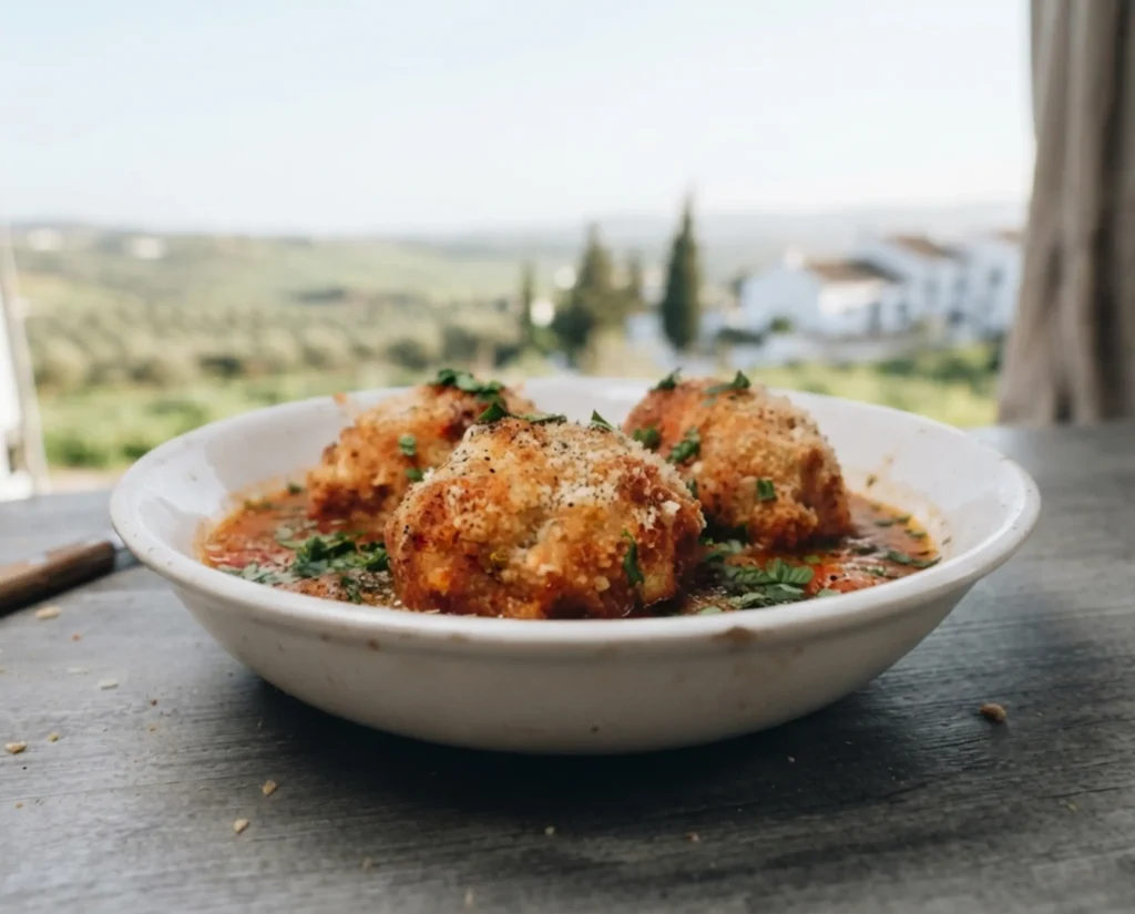 Chicken meatballs Kiev in a white bowl on the van table at Complejo Rural Los Cortijos de Noalejo, with Andalucían olive groves and farmhouse visible through the open sliding door