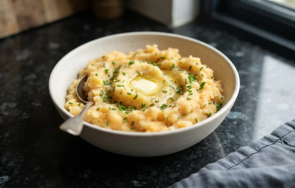 Clapshot recipe — mashed swede and potato with melting butter and chives in a white bowl on a black speckled granite worktop