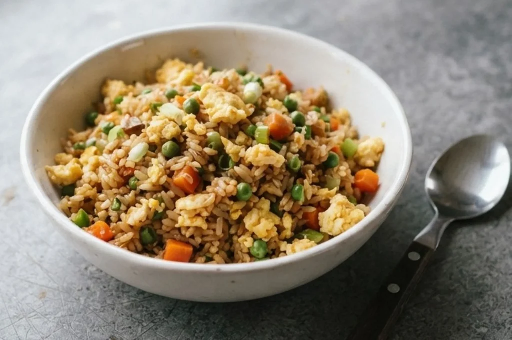 Easy egg fried rice in a white bowl on a grey campervan worktop — egg fried rice recipe — The Flexible Chef