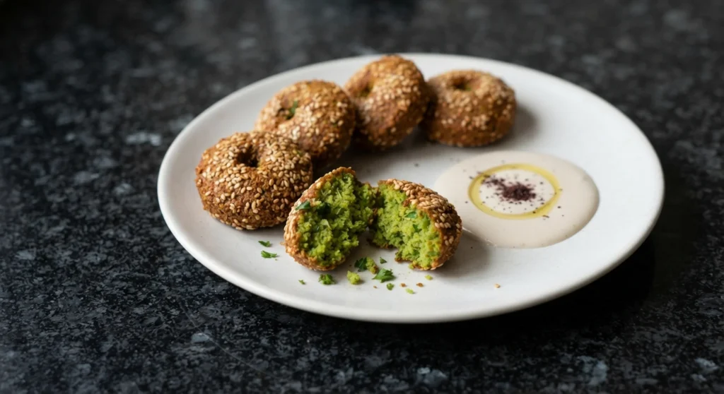Taameya — Egyptian fava bean falafel with sesame crust, vivid green interior and tahini sauce on a white plate on a black granite worktop