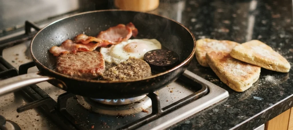 Traditional Scottish breakfast cooking in a frying pan on a gas hob β Lorne sausage patty, bacon, fried egg, haggis, and black pudding, with tattie scones on the worktop alongside