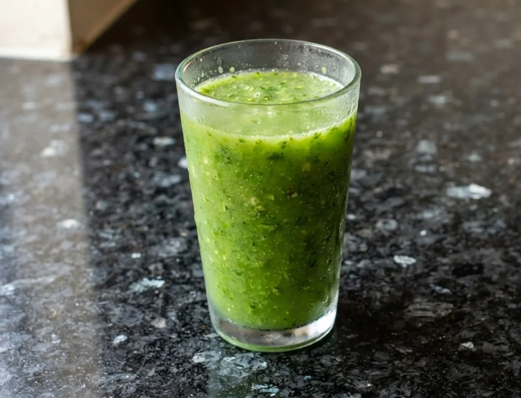 Green juice for gut health — vivid green kale, spinach, kiwi and ginger juice in a glass on a black speckled granite worktop at Casa Adora