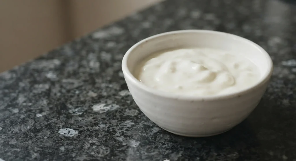 Homemade organic kefir in a white ceramic bowl on a black speckled granite worktop — kefir recipe — The Flexible Chef