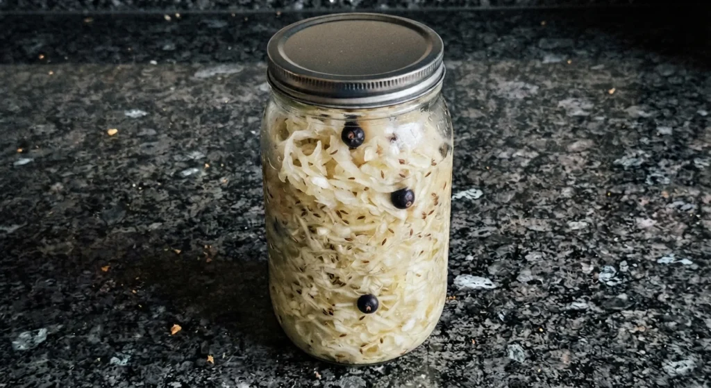 Homemade sauerkraut with caraway seeds and juniper berries in a glass jar on black speckled granite