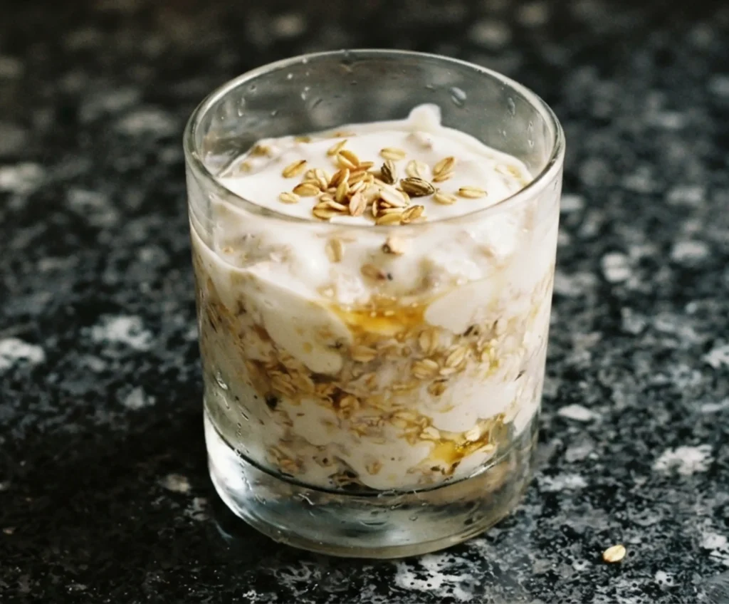 Honey and cardamom yoghurt with toasted pinhead oats folded through thick Greek yoghurt in a glass tumbler on a black speckled granite worktop — pinhead oats scattered on top