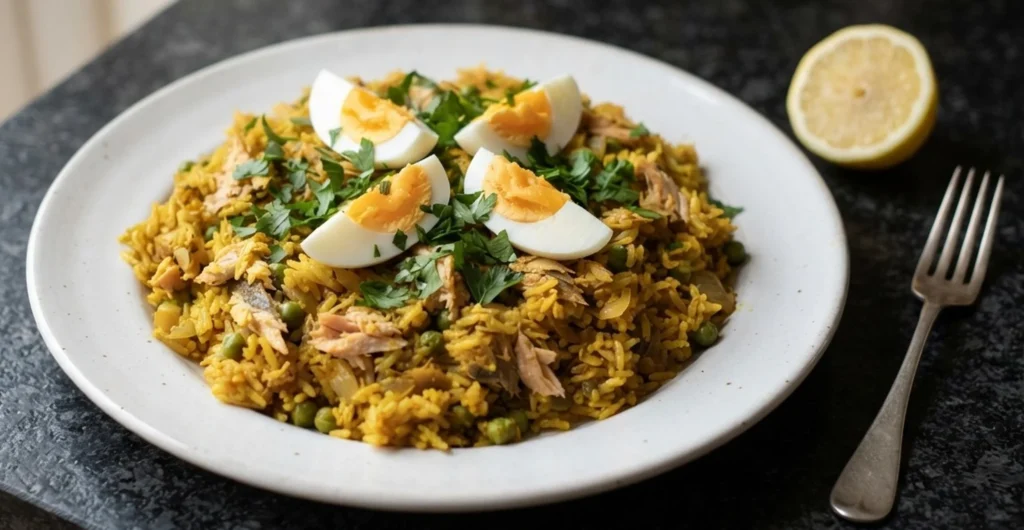 Kedgeree with smoked trout, quartered eggs, peas and flat-leaf parsley on a black speckled granite worktop — The Flexible Chef
