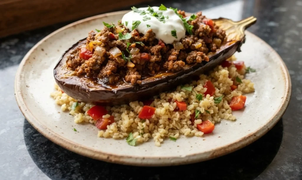 Spiced lamb-stuffed aubergine on bulgur pilaf with red pepper, topped with yoghurt and fresh herbs