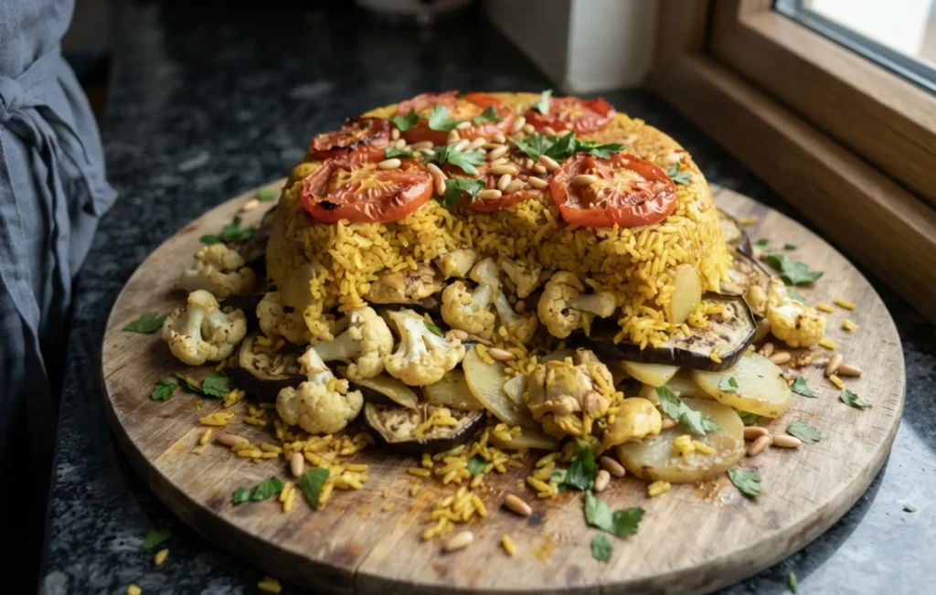 Maqluba recipe — upside-down chicken and rice with fried aubergine, cauliflower and potato, partially collapsed after flipping onto a wooden chopping board on a dark granite worktop, scattered with pine nuts and parsley