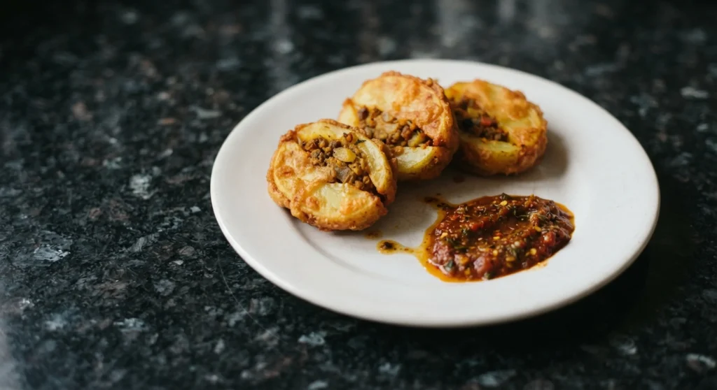 Mbattan — Libyan stuffed fried potatoes with spiced lamb filling and tomato sauce on a white plate on a black granite worktop