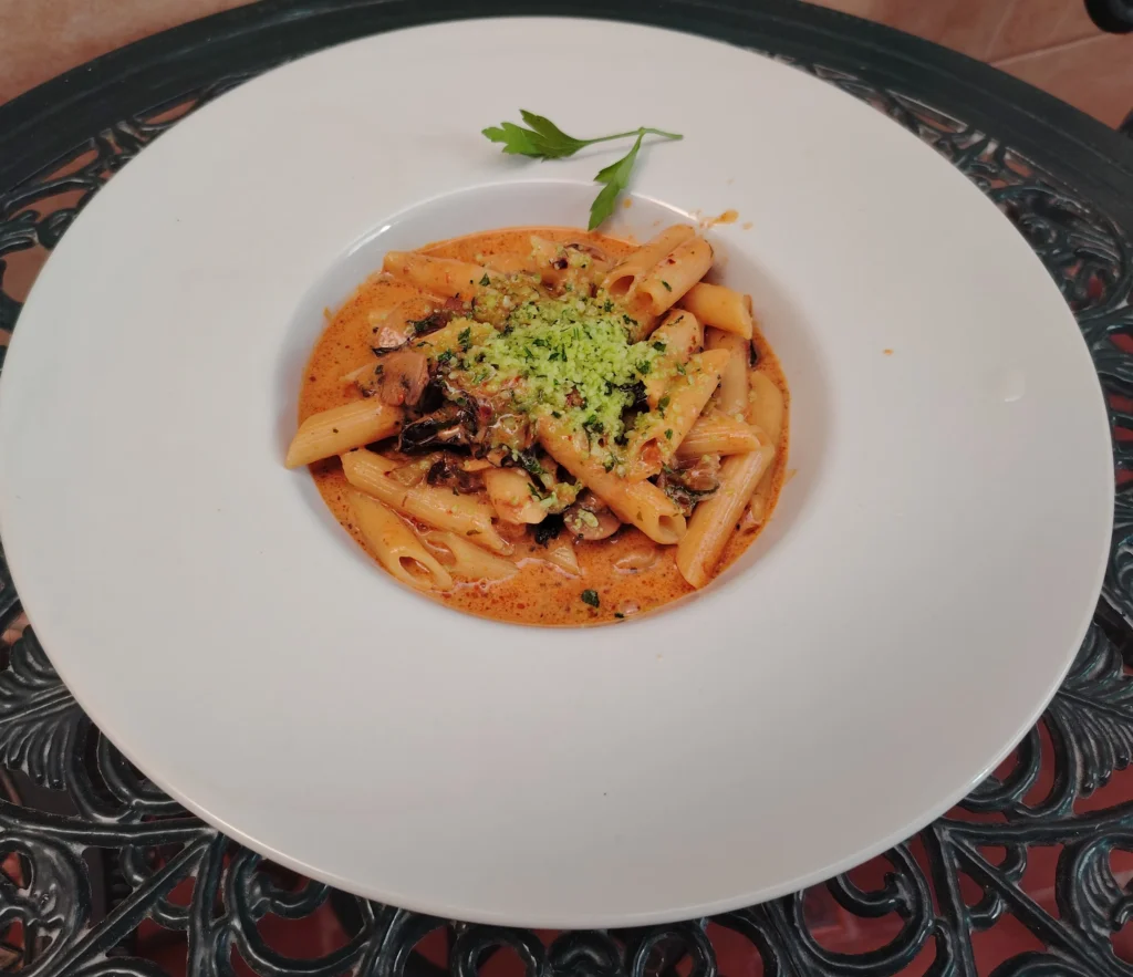 Trattoria mushroom ragù with penne rigate — rusty-orange cream and Trompette de la Mort sauce with a Parmesan and parsley crumb in a wide white bowl on the Andaluz patio table at Casa Adora