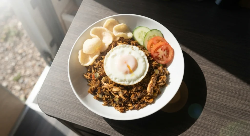 Nasi goreng in a white bowl on a campervan worktop, topped with a fried egg, prawn crackers, cucumber and tomato — nasi goreng recipe — The Flexible Chef