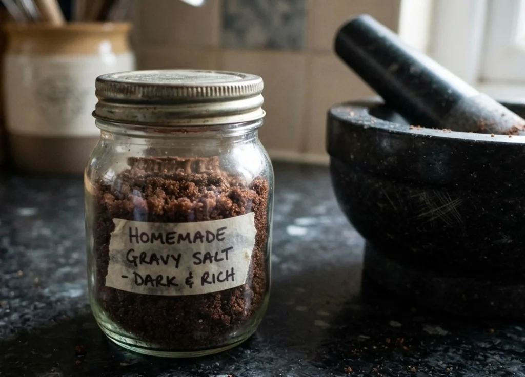 Homemade gravy salt recipe — dark and rich, in a labelled glass jar with a black granite mortar and pestle — Nearly Comptons — The Flexible Chef