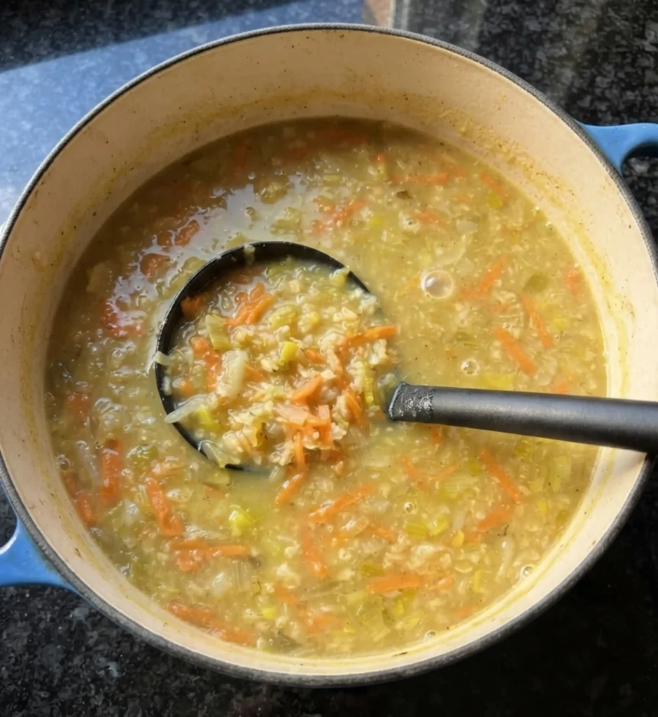 Orcadian oatmeal soup with grated carrot, leek and oatmeal in a Marseille Blue Le Creuset pot on a black speckled granite worktop — black ladle resting in the pot