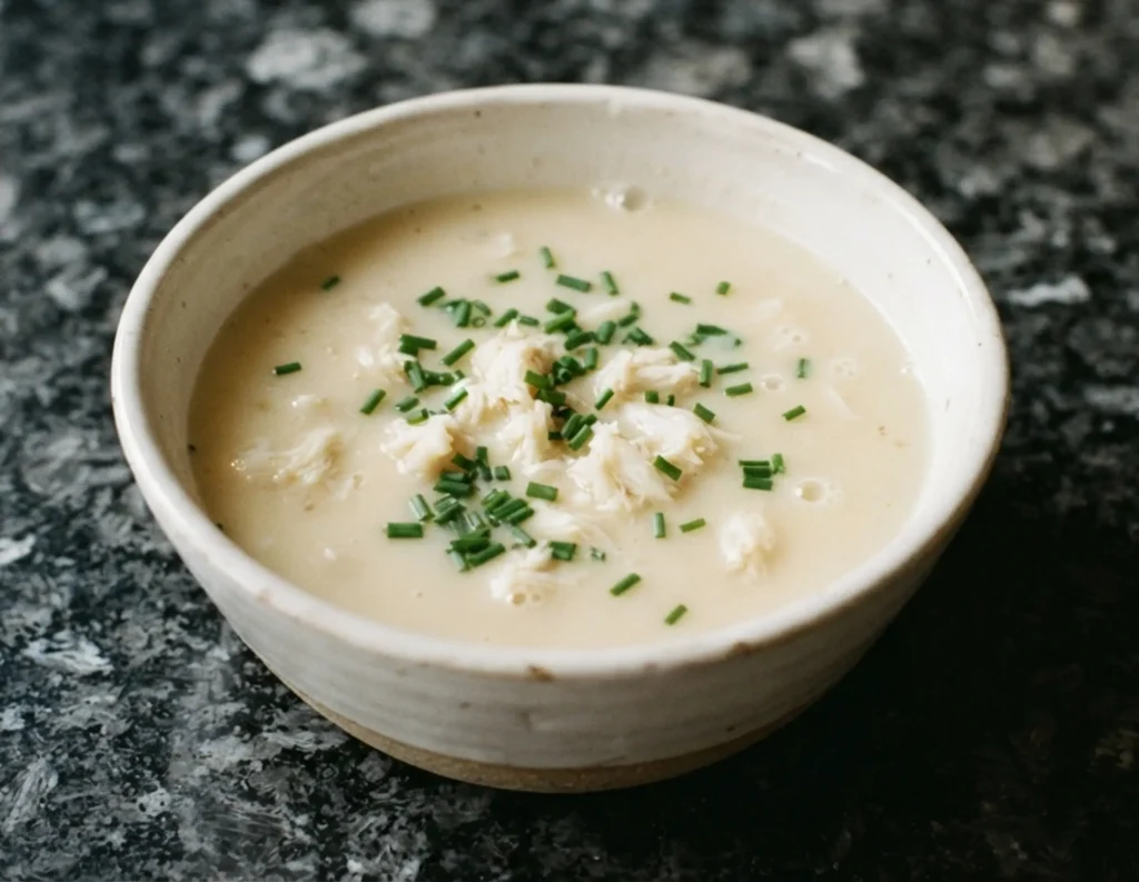 A bowl of partan bree β pale creamy Scottish crab soup with white crab meat and fresh chives in a rustic ceramic bowl on a black speckled granite worktop