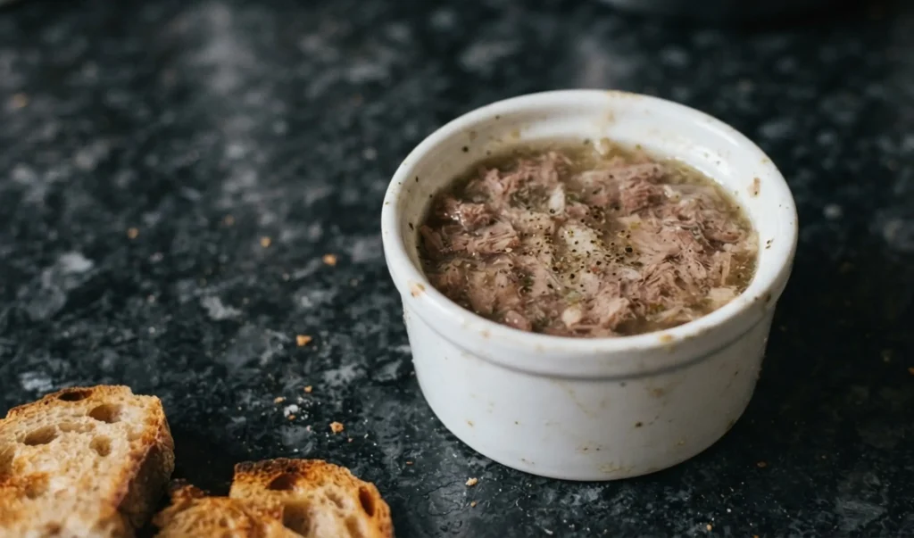Potted hough recipe in a white ramekin on a black speckled granite worktop with toasted sourdough