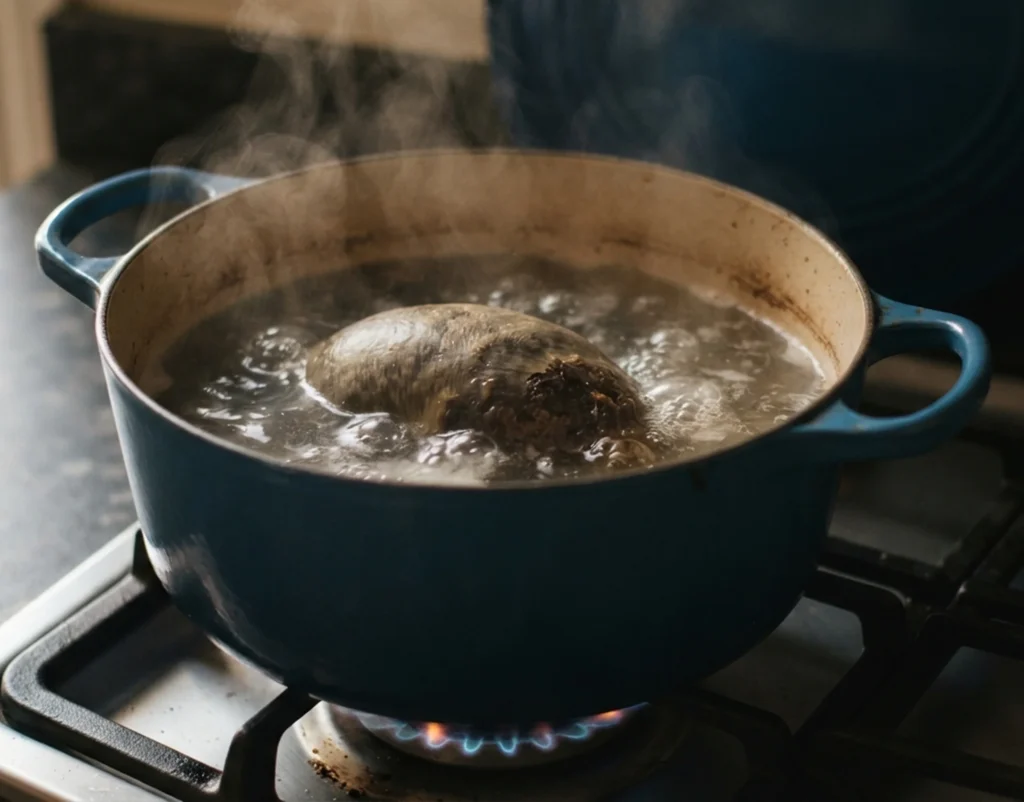 Rabbit haggis simmering in a Marseilles blue cast iron pot on a low gas flame — The Flexible Chef's wild game haggis recipe
