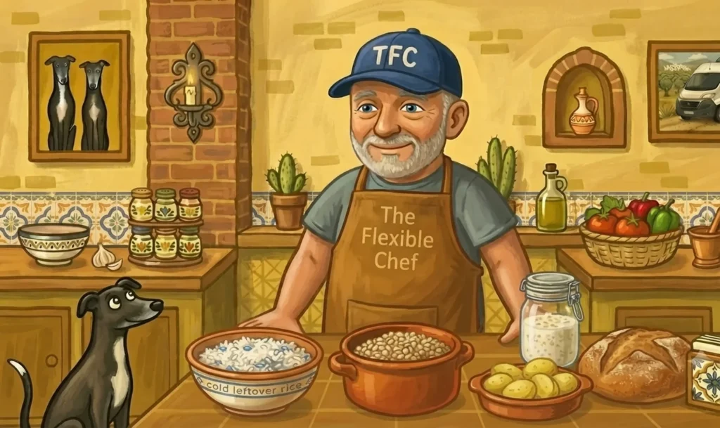 Resistant starch recipes — The Flexible Chef in his Andalucían kitchen with cold leftover rice, pearl barley, potatoes, overnight oats and sourdough on the counter