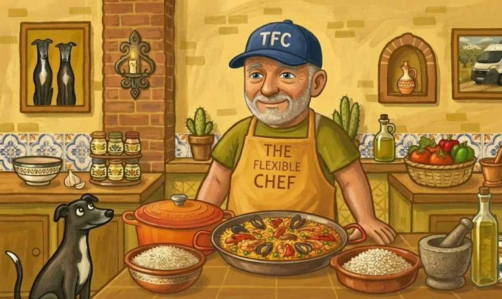 The Flexible Chef in a saffron apron with a paella pan and bowls of rice on the counter — rice recipes — The Flexible Chef