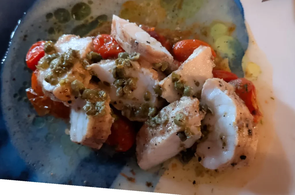 Danny's roasted monkfish with cherry tomatoes and capers in a lemon and olive oil sauce — roasted monkfish recipe — The Flexible Chef