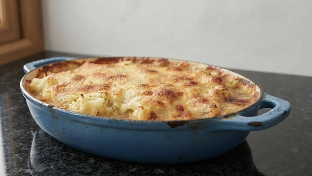 Rumbledethumps in a Marseilles blue cast iron gratin dish with a golden blistered cheese crust — Traditional Scottish Borders bake, Casa Adora