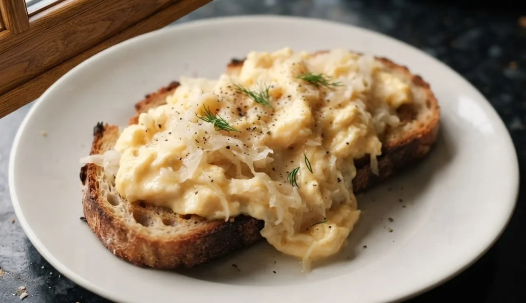 Sauerkraut scrambled eggs on sourdough toast — soft scrambled eggs folded with sauerkraut on a thick slice of toasted sourdough on a plain white plate on dark granite