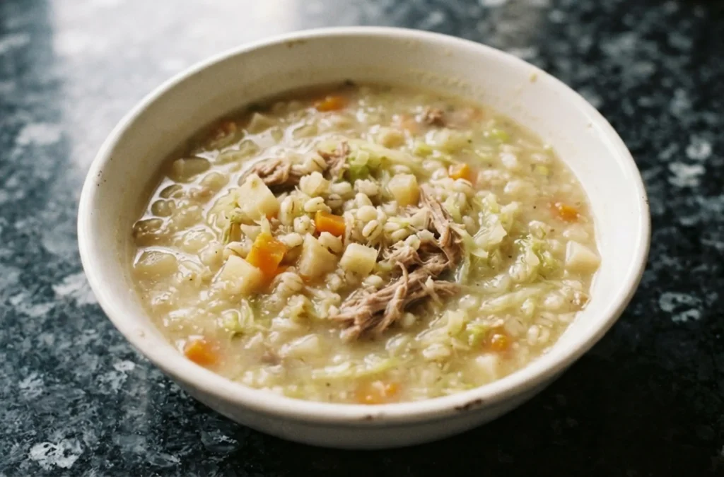 A bowl of scotch broth with pearl barley, shredded lamb, diced root vegetables and cabbage in a pale cloudy broth on a black speckled granite worktop