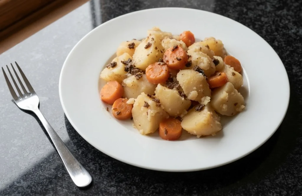 Scottish stovies — small chunks of floury potato and sliced carrot slow-cooked in brown beef stock on a plain white plate on a black speckled granite worktop — dark concentrated beef dripping scattered through