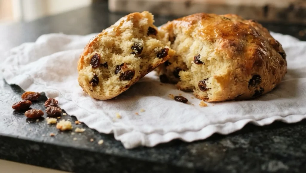 Selkirk bannock broken open on a white cloth on a black speckled granite worktop — sultana-studded crumb and honey-glazed crust with scattered sultanas alongside