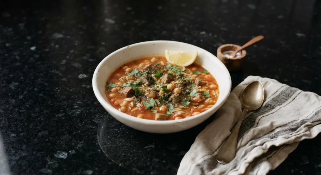 Sharba Libiya — Libyan lamb and orzo soup with chickpeas, dried mint and parsley in a cream bowl on a black granite worktop
