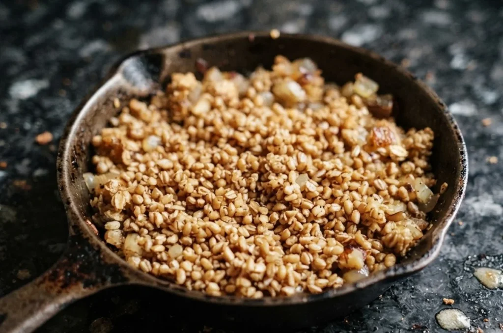 Skirlie in a small cast iron skillet on a black speckled granite worktop
