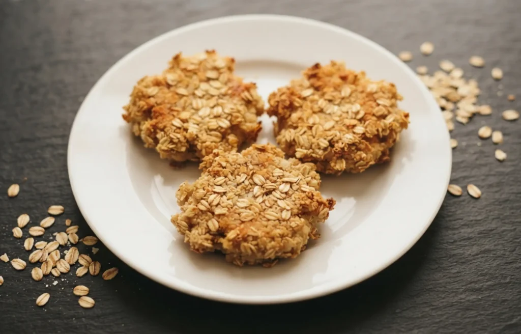 Three smoked trout fish cakes with a porridge oat crust on a white plate on a dark slate worktop — scattered oats alongside