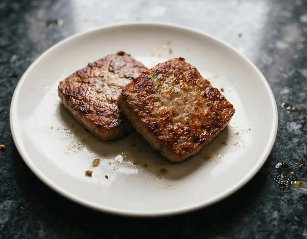 Two fried slices of square sausage on a plain white plate on a black speckled granite worktop