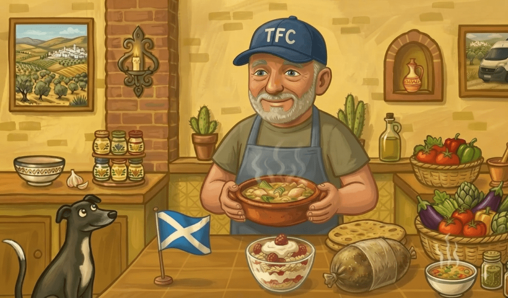 Scottish recipes hub — The Flexible Chef holding a bowl of cock-a-leekie, with a Saltire flag, cranachan, and haggis on the worktop at Casa Adora
