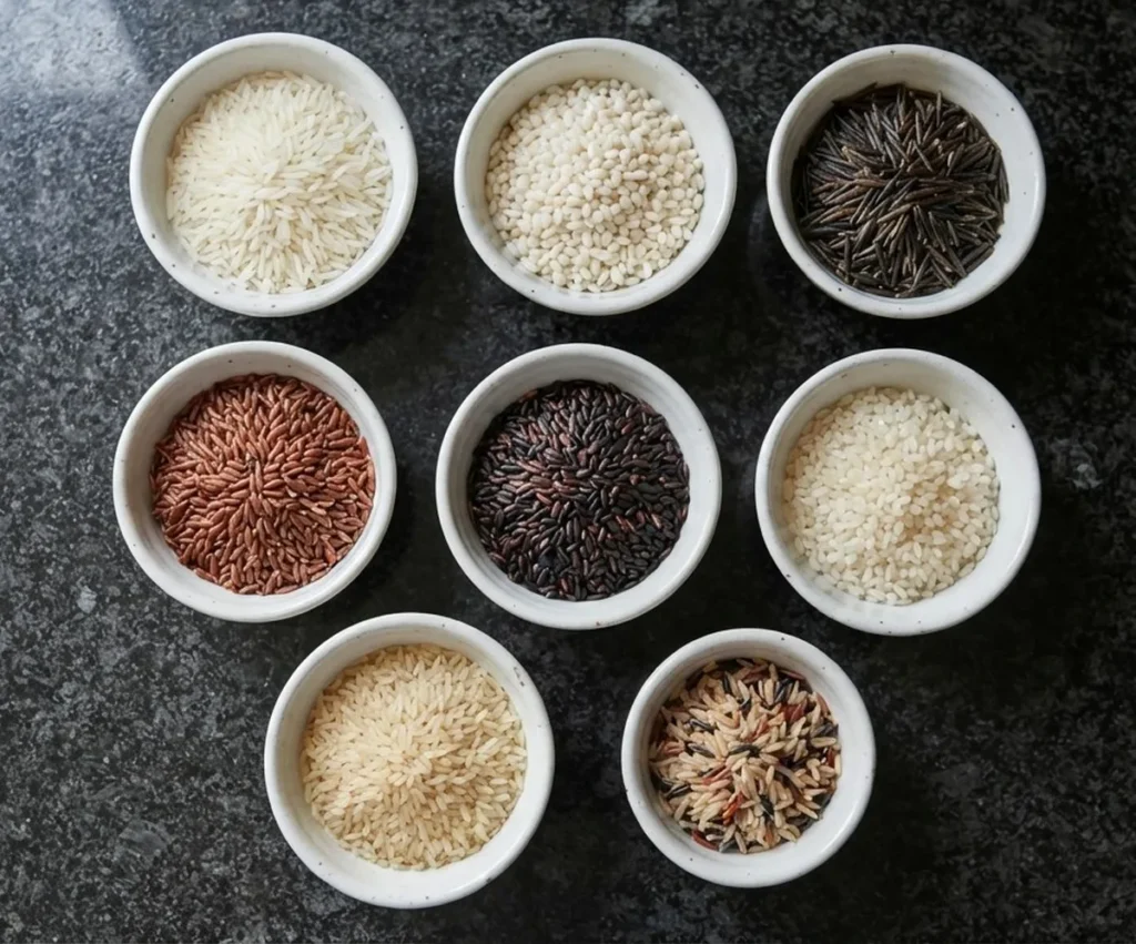 Eight varieties of uncooked rice in white ceramic bowls on a black speckled granite worktop — types of rice — The Flexible Chef