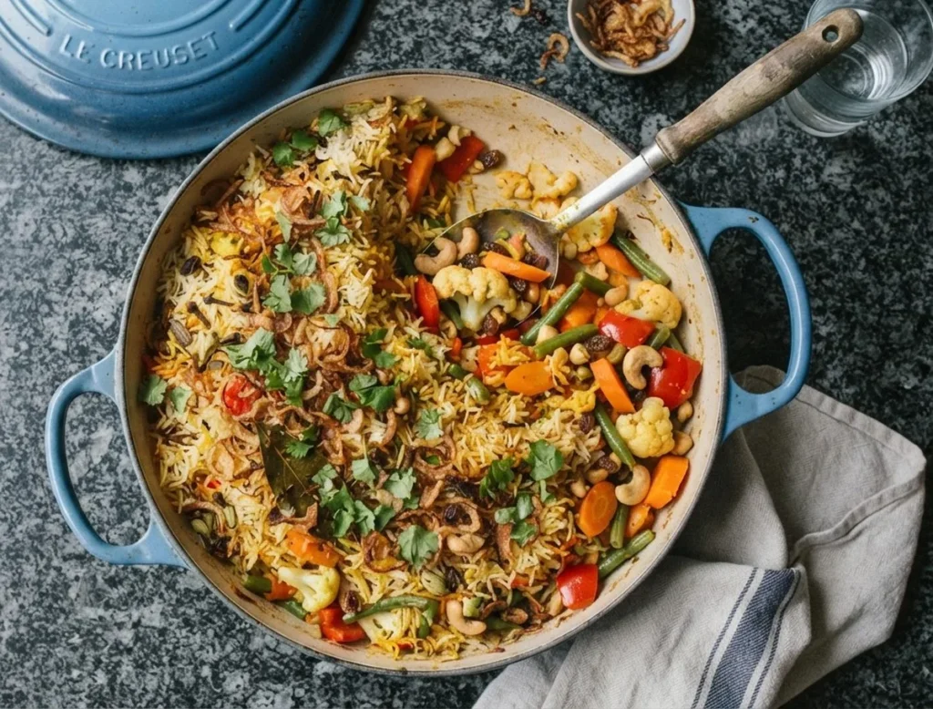Vegetable biryani in a blue Le Creuset wide pan on a black speckled granite worktop, topped with saffron rice, crisp fried onions, cashews and fresh coriander β The Flexible Chef