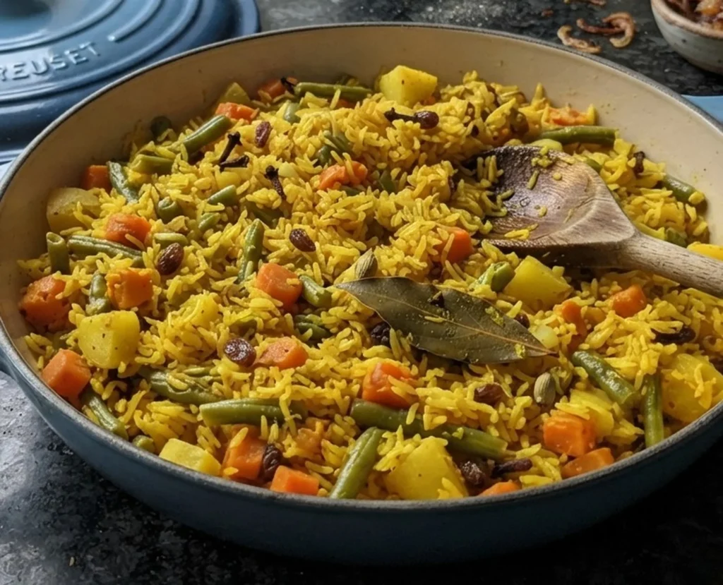 Mrs Uganda's vegetable pilau in a Marseille Blue Le Creuset pan on a black speckled granite worktop — vegetable pilau recipe — The Flexible Chef