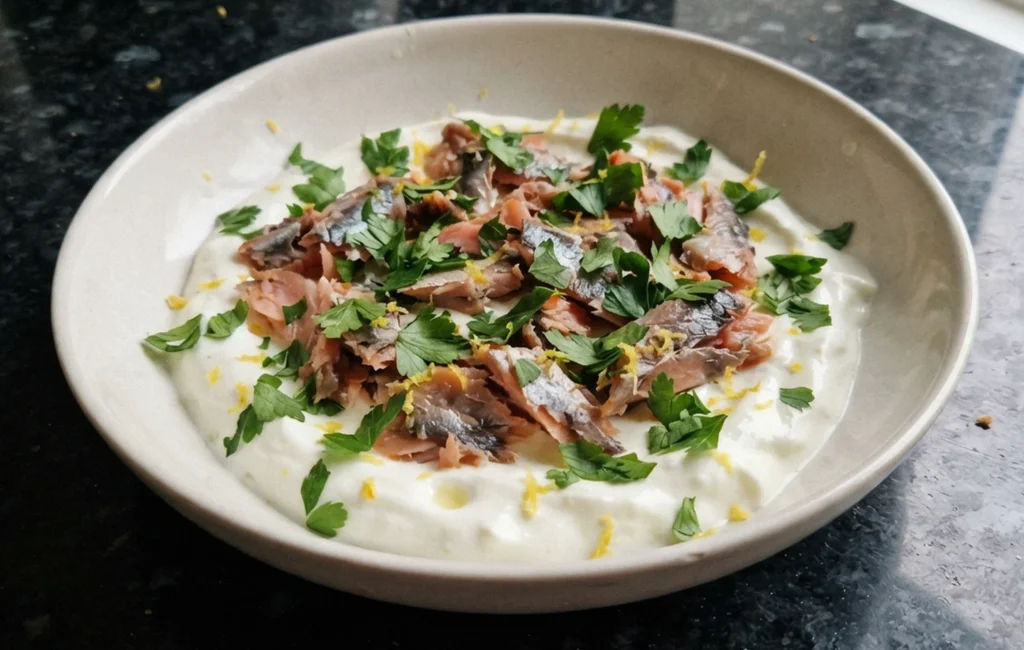 Viking recipes — smoked trout with skyr, fresh parsley and lemon zest in a wide shallow bowl