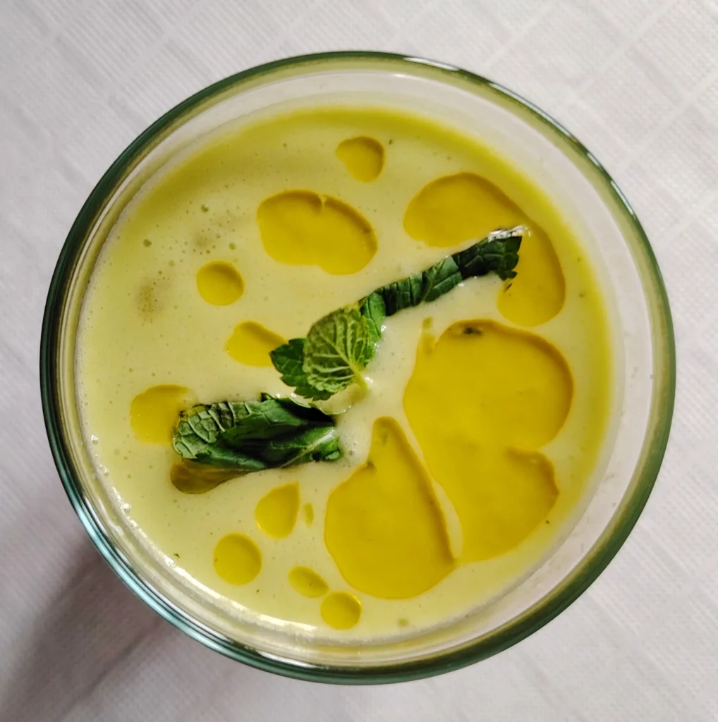 Easy Spanish recipes - Courgette Feta Gazpacho soup in a glass, drizzled with extra virgen olive oil