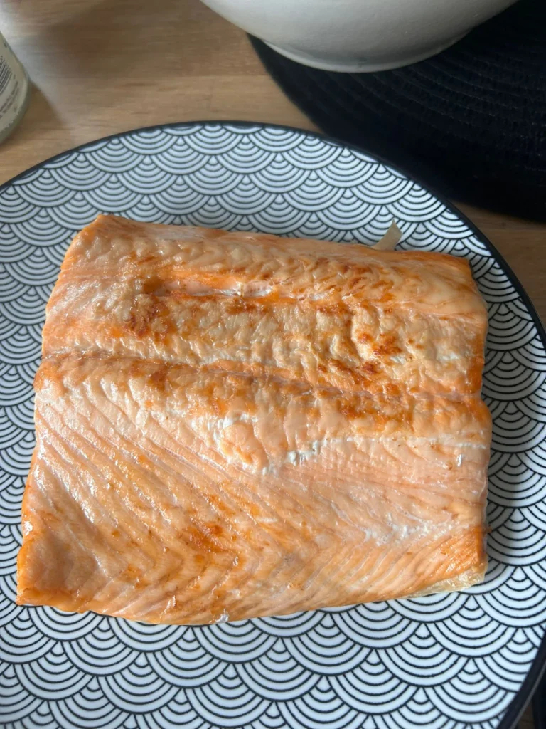 Air fryer salmon fillet on a Japanese-pattern plate — Debbie & Andy's Bank Holiday tea, Rochdale