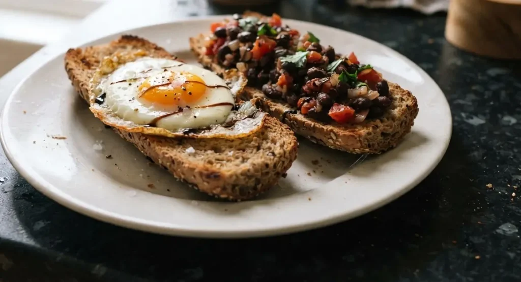 A black bean breakfast — fried egg on toasted wholemeal bread alongside warm black beans with tomatoes, on a white plate, Casa Adora