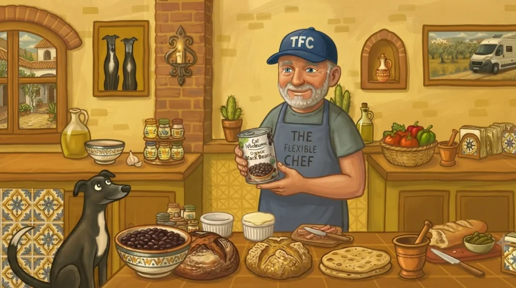 Black bean recipes — The Flexible Chef in a midnight blue apron holding a tin of Eat Wholesome Organic Black Beans in the Casa Adora kitchen