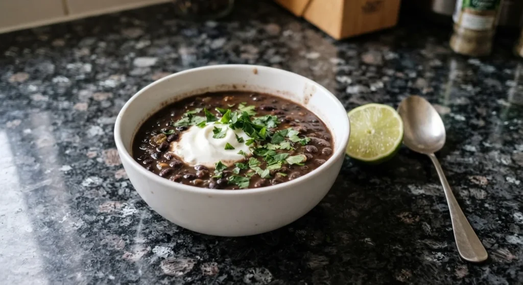 Black bean soup in a white bowl with kefir, fresh parsley and a halved lime, black speckled granite worktop