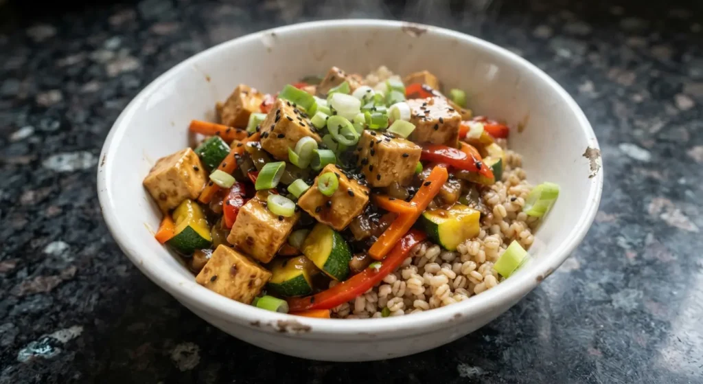 Black bean tofu with courgette, carrot and red pepper over pearl barley in a white bowl on black speckled granite