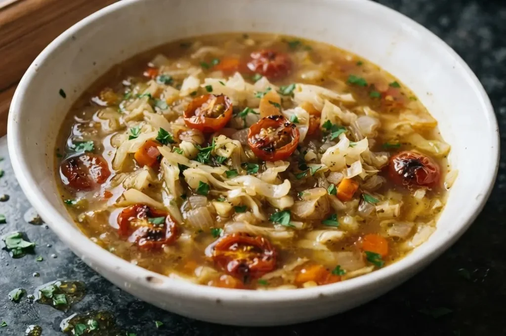 Cabbage soup recipe — white cabbage with oven-roasted cherry tomatoes and parsley in a white bowl on a dark granite worktop