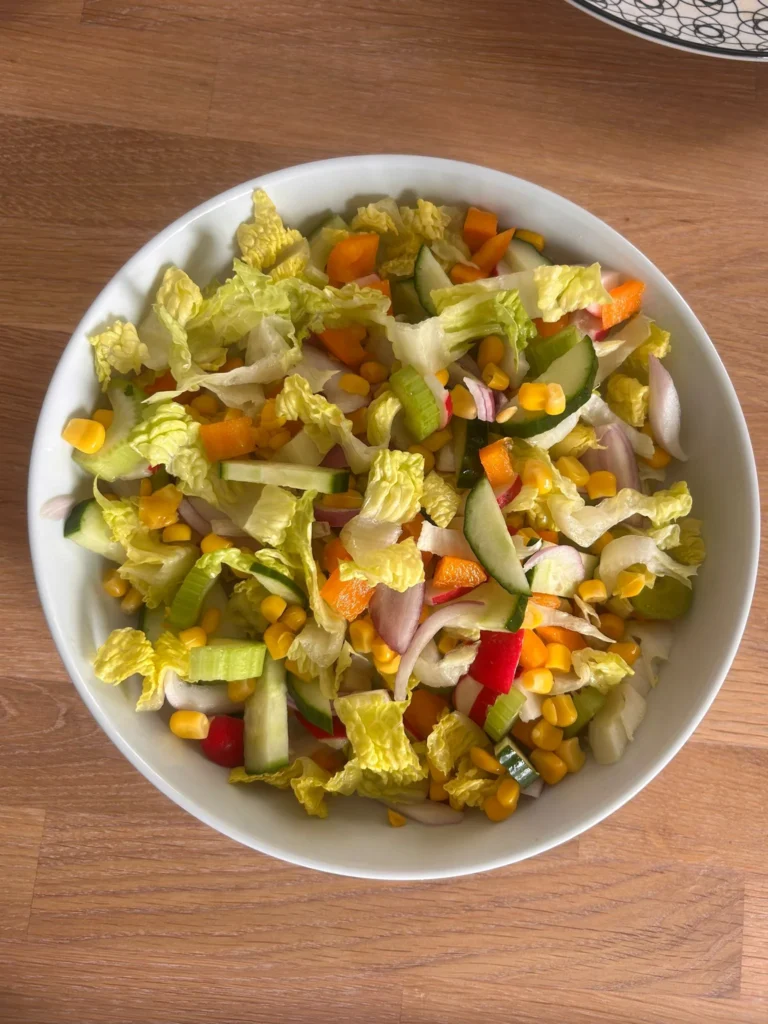 Debbie's chopped salad — Chinese lettuce, sweetcorn, cucumber, pepper and red onion, Rochdale