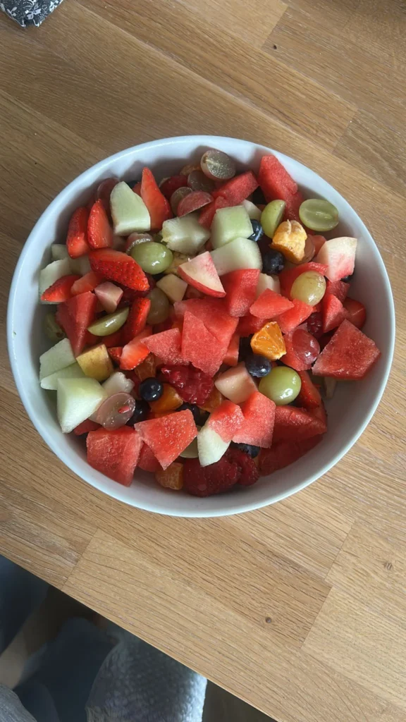 Fruit salad with watermelon, strawberries, grapes, blueberries and clementine — Debbie's Bank Holiday dessert, Rochdale
