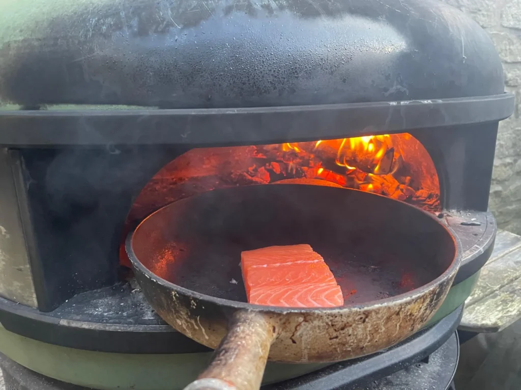 Gozney Dome at 370°C with cast iron pan inside — wood fired salmon, Ramsbottom