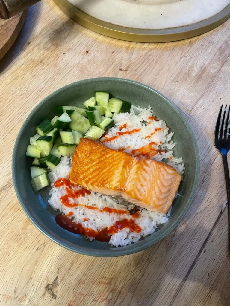 Gozney salmon recipe — served with rice, cucumber and Sriracha sauce, Ramsbottom