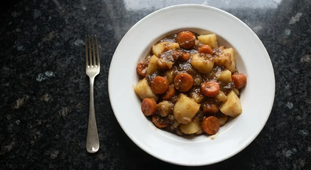 Granny Morrison's stovies — leftover potatoes and soft carrot rounds in a dark glossy beef dripping gravy in a deep white bowl on a black speckled granite worktop, fork alongside